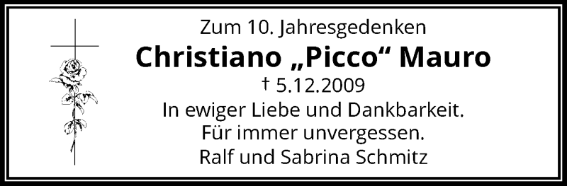  Traueranzeige für Christiano Mauro vom 07.12.2019 aus trauer.wuppertaler-rundschau.de