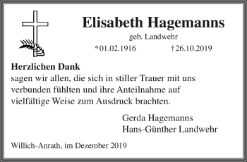 Traueranzeige von Elisabeth Hagemanns von trauer.extra-tipp-moenchengladbach.de