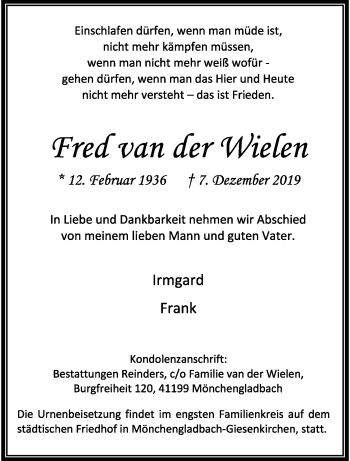 Traueranzeige von Fred van der Wielen von trauer.extra-tipp-moenchengladbach.de