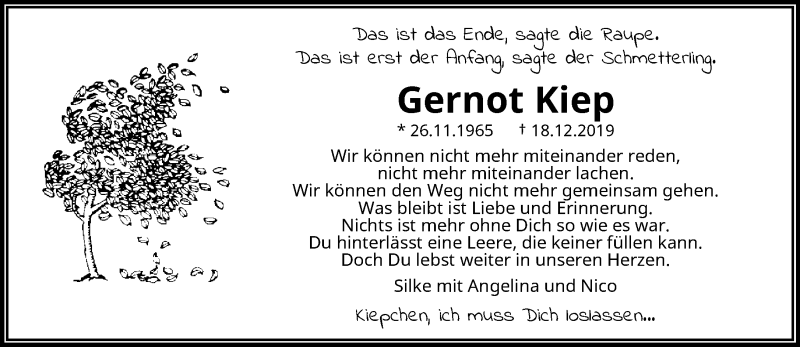  Traueranzeige für Gernot Kiep vom 28.12.2019 aus trauer.wuppertaler-rundschau.de