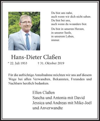 Traueranzeige von Hans-Dieter Claßen von trauer.extra-tipp-moenchengladbach.de