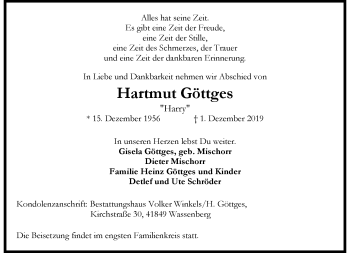 Traueranzeige von Hartmut Göttges von trauer.extra-tipp-moenchengladbach.de