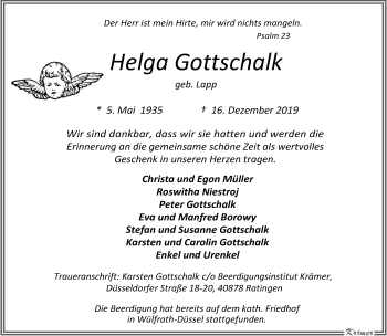 Traueranzeige von Helga Gottschalk von trauer.wuppertaler-rundschau.de