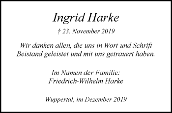 Traueranzeige von Ingrid Harke von trauer.wuppertaler-rundschau.de