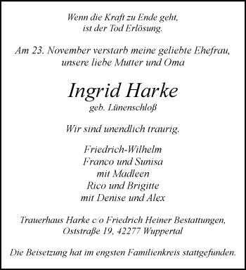 Traueranzeige von Ingrid Harke von trauer.wuppertaler-rundschau.de