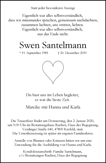 Traueranzeige von Swen Santelmann von trauer.mein.krefeld.de