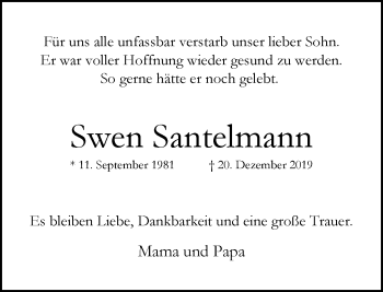 Traueranzeige von Swen Santelmann von trauer.mein.krefeld.de