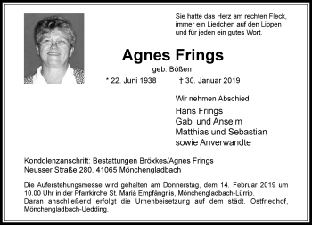 Traueranzeige von Agnes Frings von trauer.extra-tipp-moenchengladbach.de