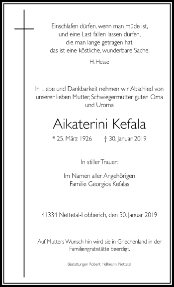 Traueranzeige von Aikaterini Kefala von trauer.extra-tipp-moenchengladbach.de