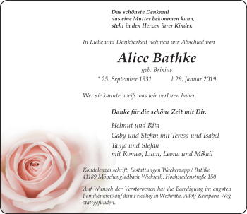 Traueranzeige von Alice Bathke von trauer.extra-tipp-moenchengladbach.de