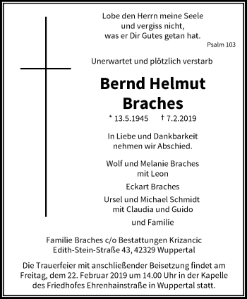 Traueranzeige von Bernd Helmut Braches von trauer.wuppertaler-rundschau.de