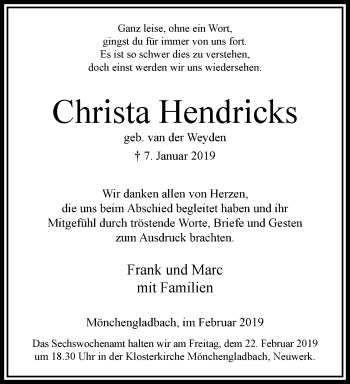 Traueranzeige von Christa Hendricks von trauer.extra-tipp-moenchengladbach.de