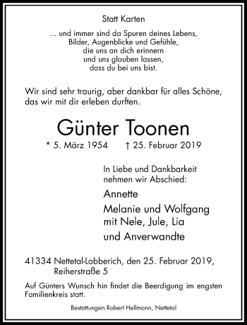 Traueranzeige von Günter Toonen von trauer.extra-tipp-moenchengladbach.de