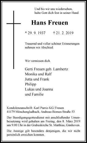 Traueranzeige von Hans Freuen von trauer.extra-tipp-moenchengladbach.de