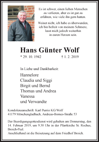 Traueranzeige von Hans Günter Wolf von trauer.extra-tipp-moenchengladbach.de