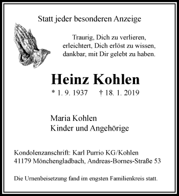 Traueranzeige von Heinz Kohlen von trauer.extra-tipp-moenchengladbach.de