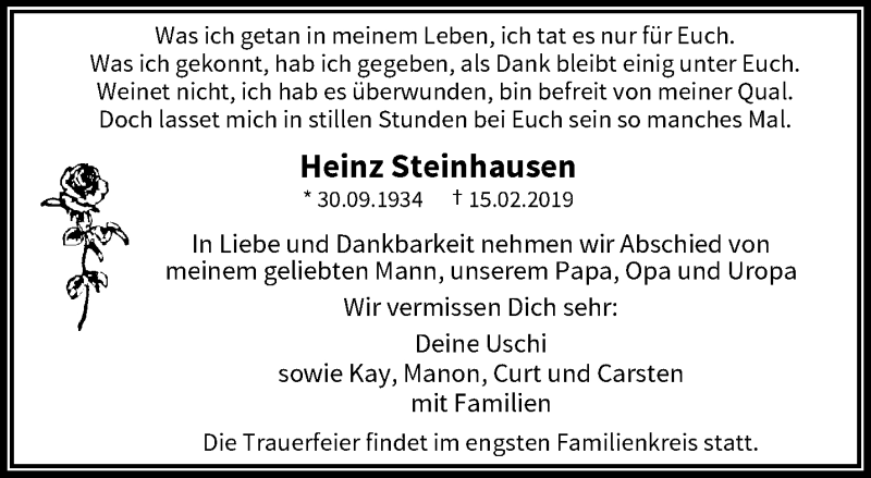  Traueranzeige für Heinz Steinhausen vom 20.02.2019 aus trauer.wuppertaler-rundschau.de