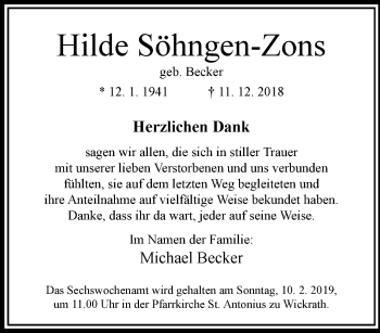 Traueranzeige von Hilde Söhngen-Zons von trauer.extra-tipp-moenchengladbach.de