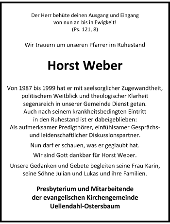 Traueranzeige von Horst Weber von trauer.wuppertaler-rundschau.de