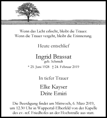 Traueranzeige von Ingrid Brassat von trauer.wuppertaler-rundschau.de