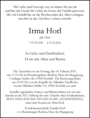 Traueranzeige von Irma Horl von trauer.mein.krefeld.de