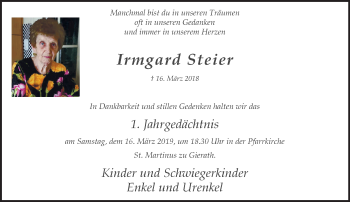 Traueranzeige von Irmgard Steier von trauer.stadt-kurier.de