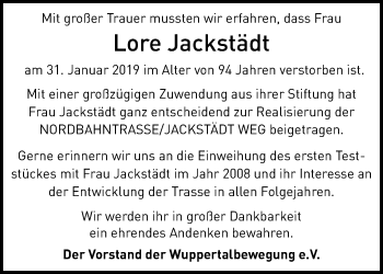 Traueranzeige von Lore Jackstädt von trauer.wuppertaler-rundschau.de