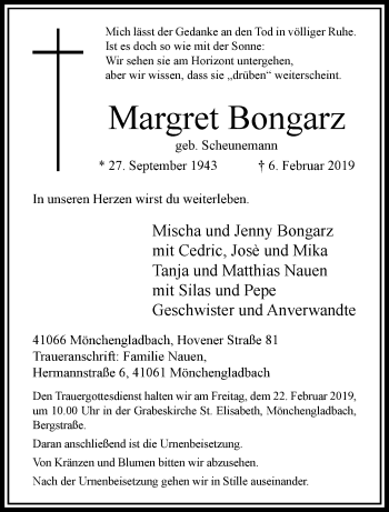 Traueranzeige von Margret Bongarz von trauer.extra-tipp-moenchengladbach.de