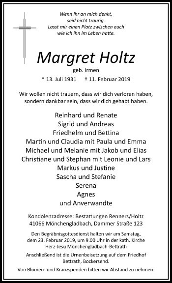 Traueranzeige von Margret Holtz von trauer.extra-tipp-moenchengladbach.de