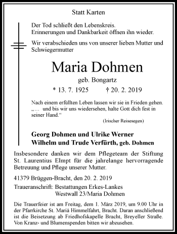 Traueranzeige von Maria Dohmen von trauer.extra-tipp-moenchengladbach.de