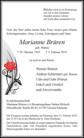 Traueranzeige von Marianne Brüren von trauer.extra-tipp-moenchengladbach.de