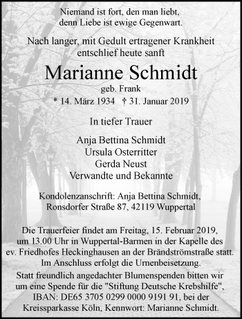 Traueranzeige von Marianne Schmidt von trauer.wuppertaler-rundschau.de