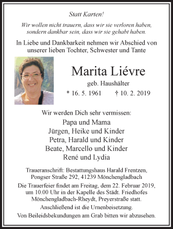 Traueranzeige von Marita Liévre von trauer.extra-tipp-moenchengladbach.de