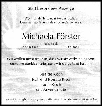 Traueranzeige von Michaela Förster von trauer.wuppertaler-rundschau.de