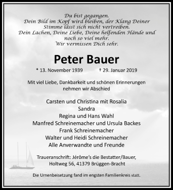 Traueranzeige von Peter Bauer von trauer.extra-tipp-moenchengladbach.de