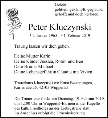 Traueranzeige von Peter Kluczynski von trauer.wuppertaler-rundschau.de