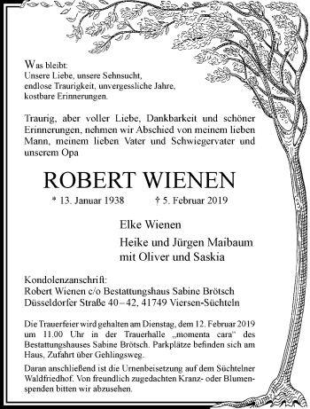 Traueranzeige von Robert Wienen von trauer.extra-tipp-moenchengladbach.de