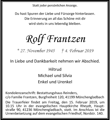 Traueranzeige von Rolf Frantzen von trauer.extra-tipp-moenchengladbach.de