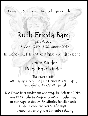 Traueranzeige von Ruth Frieda Barg von trauer.wuppertaler-rundschau.de