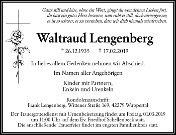 Traueranzeige von Waltraud Lengenberg von trauer.wuppertaler-rundschau.de