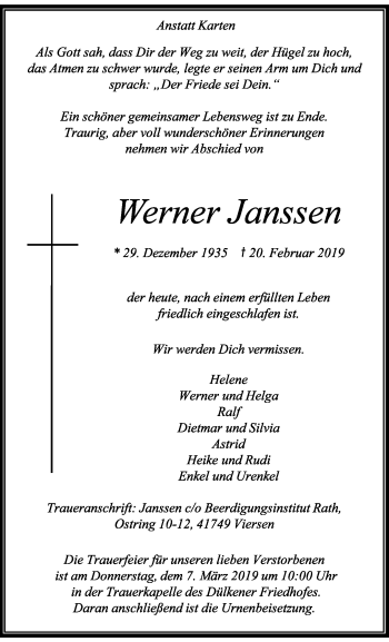 Traueranzeige von Werner Janssen von trauer.extra-tipp-moenchengladbach.de