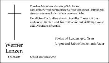 Traueranzeige von Werner Lenzen von trauer.mein.krefeld.de