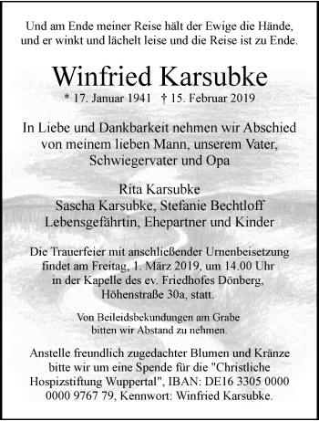 Traueranzeige von Winfried Karsubke von trauer.wuppertaler-rundschau.de