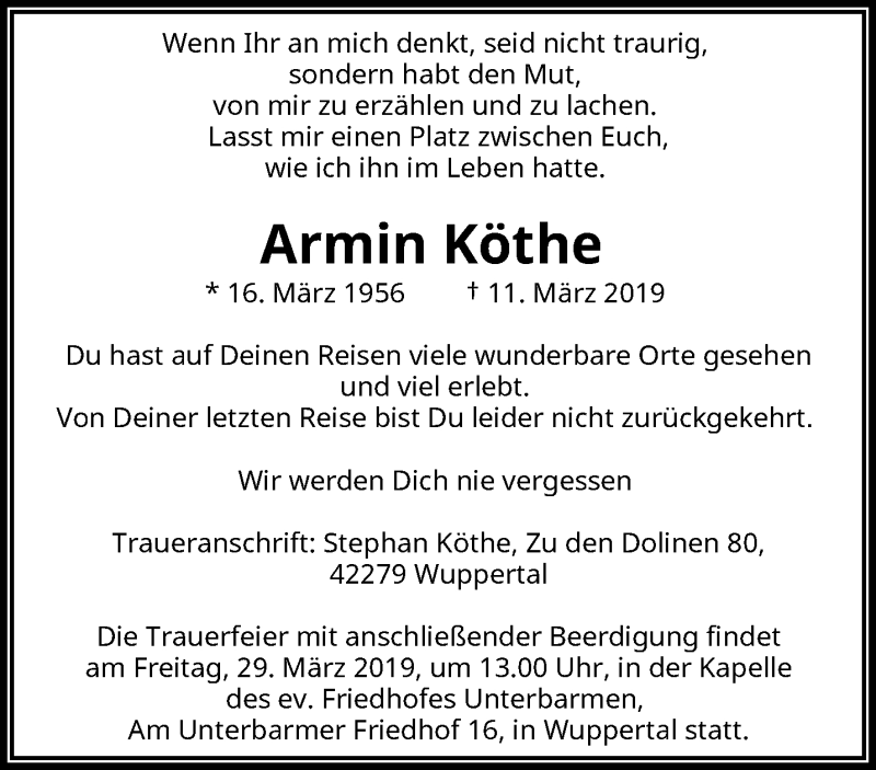  Traueranzeige für Armin Köthe vom 27.03.2019 aus trauer.wuppertaler-rundschau.de