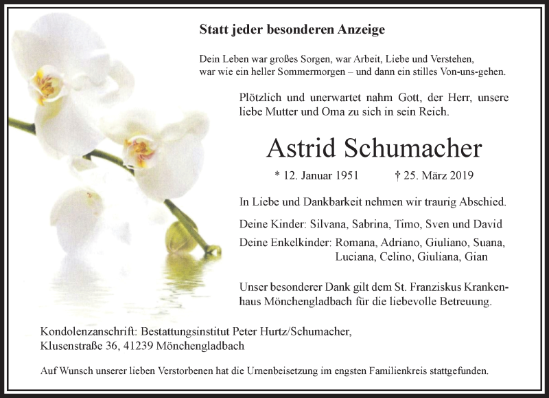  Traueranzeige für Astrid Schumacher vom 31.03.2019 aus trauer.extra-tipp-moenchengladbach.de