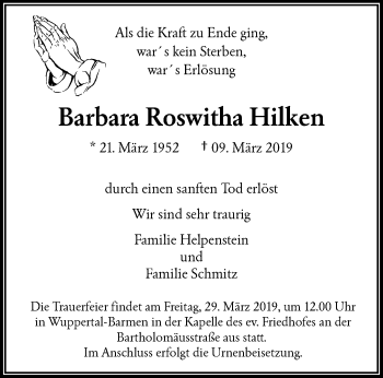 Traueranzeige von Barbara Roswitha Hilken von trauer.wuppertaler-rundschau.de