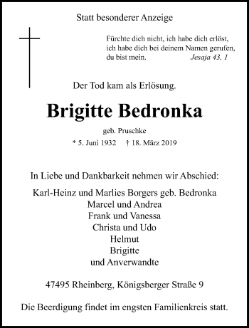 Traueranzeige von Brigitte Bedronka von trauer.stadt-panorame.de