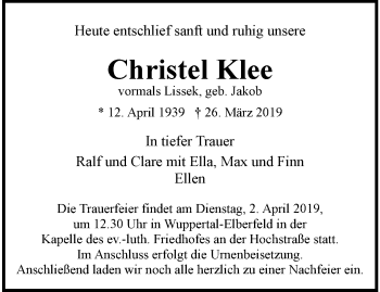 Traueranzeige von Christel Klee von trauer.wuppertaler-rundschau.de