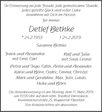 Traueranzeige von Detlef Bethke von trauer.wuppertaler-rundschau.de