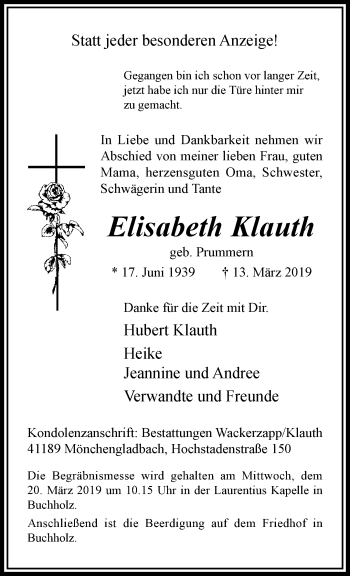 Traueranzeige von Elisabeth Klauth von trauer.extra-tipp-moenchengladbach.de